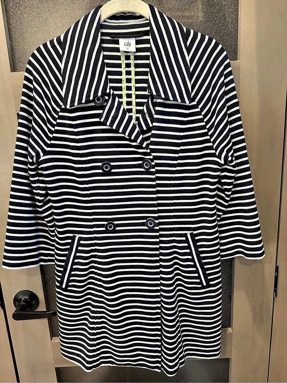 cabi Maritime Unlined Trench Coat in Navy & White Stripe. Size Medium